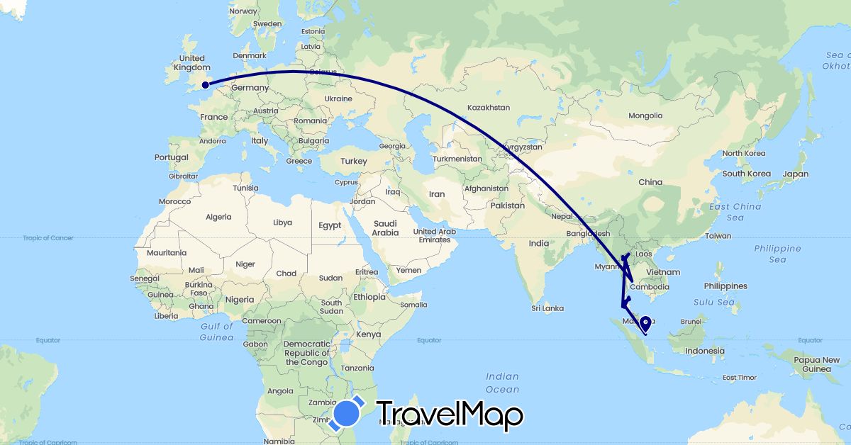 TravelMap itinerary: driving in United Kingdom, Singapore, Thailand (Asia, Europe)